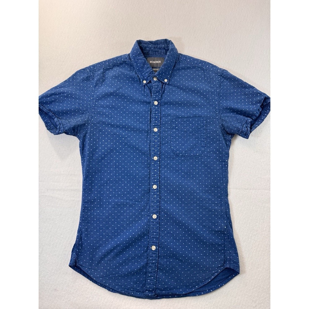Bonobos Mens Tailored Slim Fit Short Sleeve Button Up Shirt X Blue Polka Dot EUC